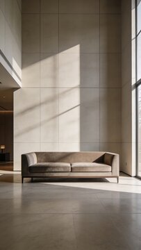 Generative AI depicts a modern, minimalist interior space with a sleek sofa and large window