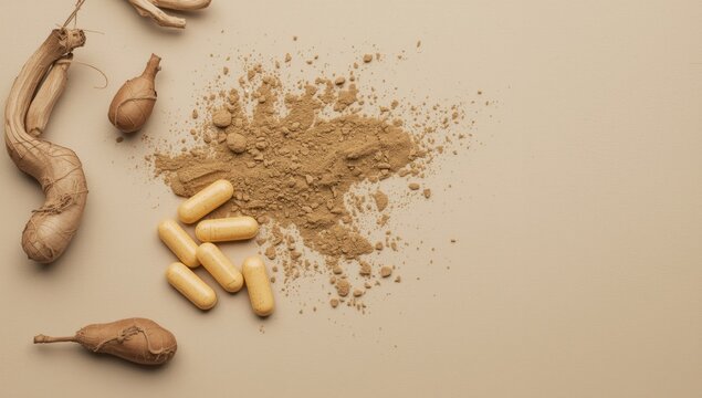 Maca root and powder supplements placed on a gentle pastel surface with copy space