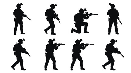 Obraz premium Black vector illustration set of eight elite tactical soldiers holding rifles in various combat positions