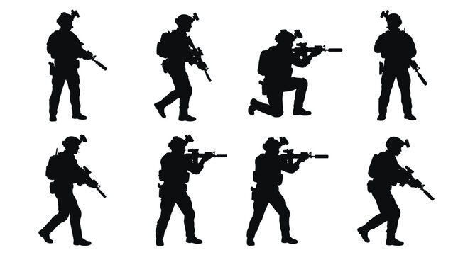 Black vector illustration set of eight elite tactical soldiers holding rifles in various combat positions