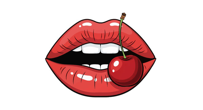 Vector illustration of a pair of full female lips wearing bright red lipstick and holding a ripe red cherry with a green stem between the teeth, isolated on a white background.