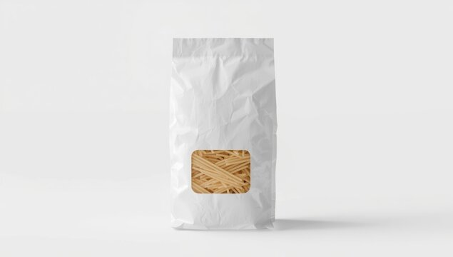 White plastic bag containing spaghetti pasta displayed on a clean white backdrop as a packaging template