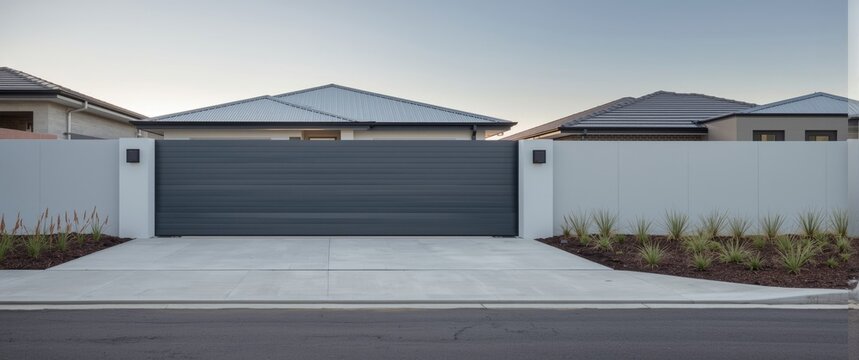 Residential property with built in parking and sleek grey roller shutters on gates