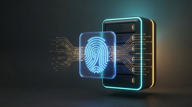 Biometric fingerprint scan icon hovering over secure server tower digital identity security e-commerce concept