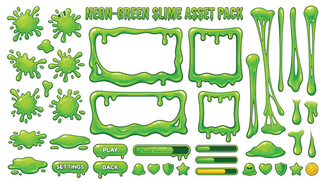 Neon green slime vector asset pack featuring decorative frames buttons and gooey liquid design elements
