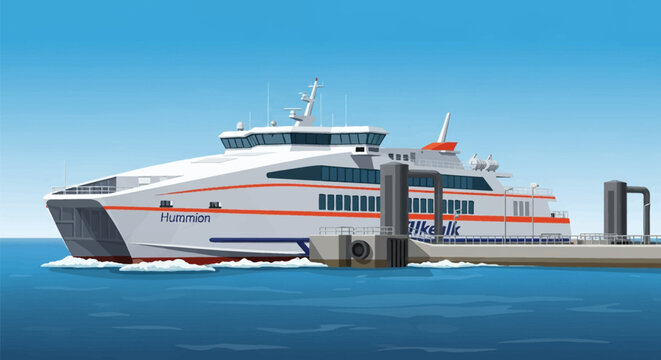 Flat vector illustration showing a detailed high-speed catamaran passenger ferry with orange stripes docked at a concrete pier terminal on a calm blue sea under a clear sky.