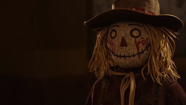 smiling scarecrow figure on vertical format with empty text section