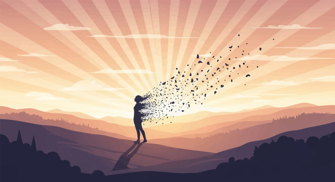Vector illustration of a human silhouette disintegrating into flying shards against a sunset sky with light rays over rolling mountain ranges and layers of hills during golden hour.