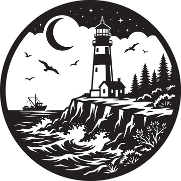Black and white illustration of a lighthouse on a cliff overlooking the ocean at night