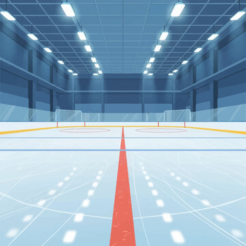 Indoor ice hockey rink illustration featuring a professional rink floor with red and blue lines, face-off circles, dasher boards, and glass panels under bright stadium lighting.
