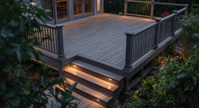 Stylish two level composite deck with elegant ash grey boards and subtle low voltage lighting in a landscaped garden