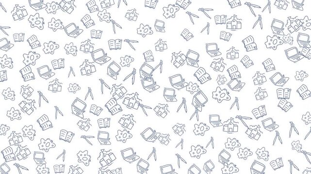 Scattered icons laptops gears compasses notebooks provide educational concept. Suitable for school websites, presentations, educational materials, and learning resources.