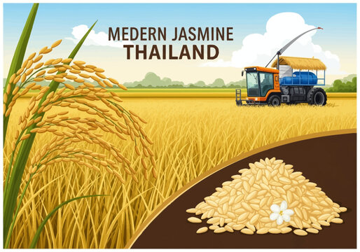 Vector illustration of golden jasmine rice stalks in the foreground of a vast paddy field with a modern harvester machine, harvested rice grains, and a jasmine flower in Thailand.