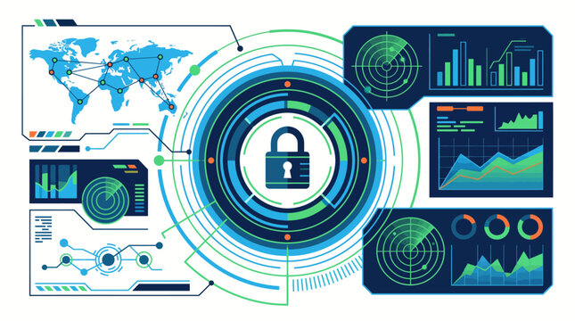 Cyber security dashboard interface with central padlock icon and digital data charts