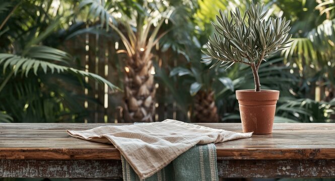 Rustic wooden table setup with organic cloth and olive tree plant on vintage countertop in tropical summer background