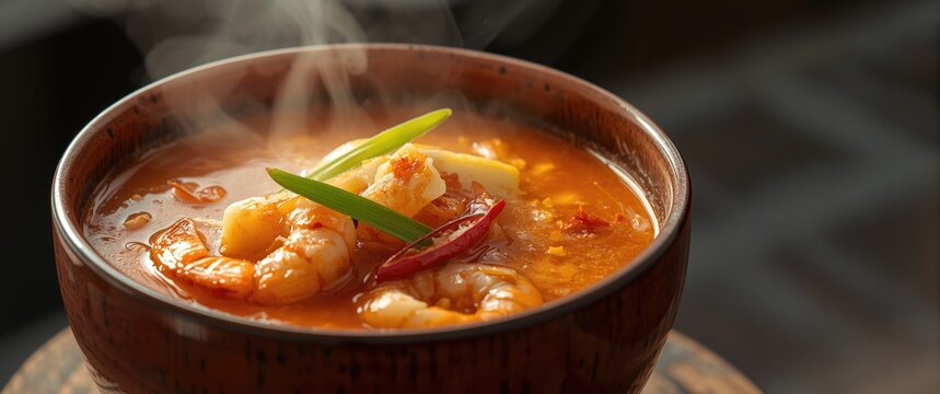 Hot and flavorful Tom Yam Kung prawn soup with chili and lemon grass in rustic bowl