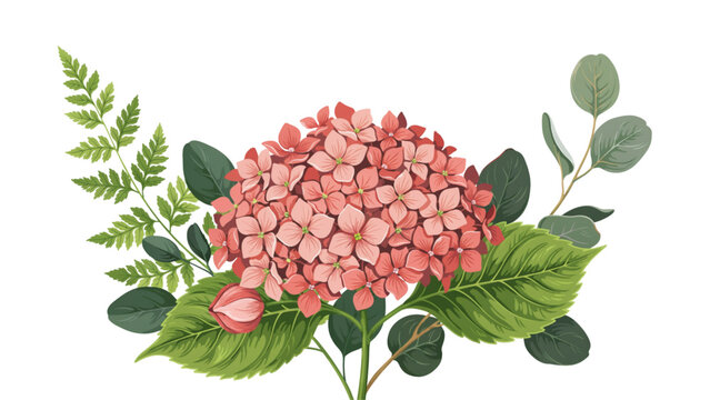 Close-up of vibrant red hydrangea flower cluster with green leaves Vector