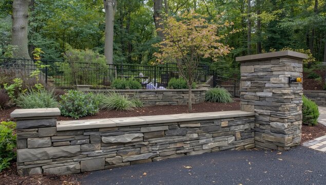 Stone coping and pillar seat wall providing structure to a landscaped driveway
