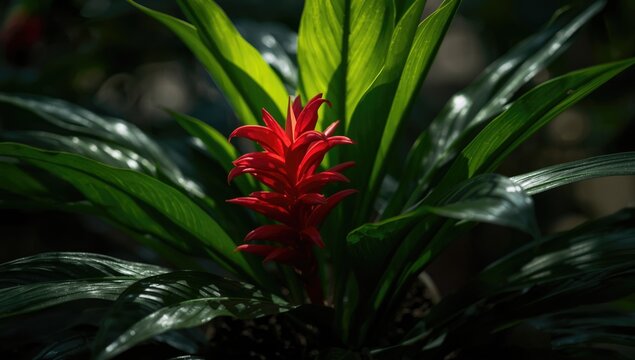 Tropical houseplant arrangement with bright red Acalypha hispida flowers and verdant leaves