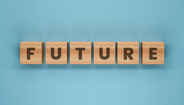 The Word Future: Six wooden blocks with letters spelling FUTURE are neatly arranged in a row on a light blue background, symbolizing foresight and planning.