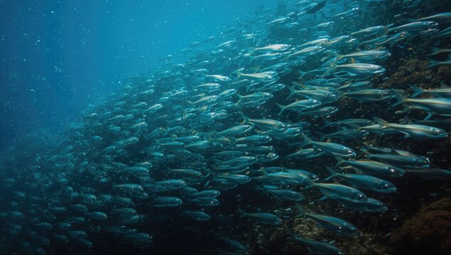 Thriving jack fish community swimming in unison within ocean ecosystem