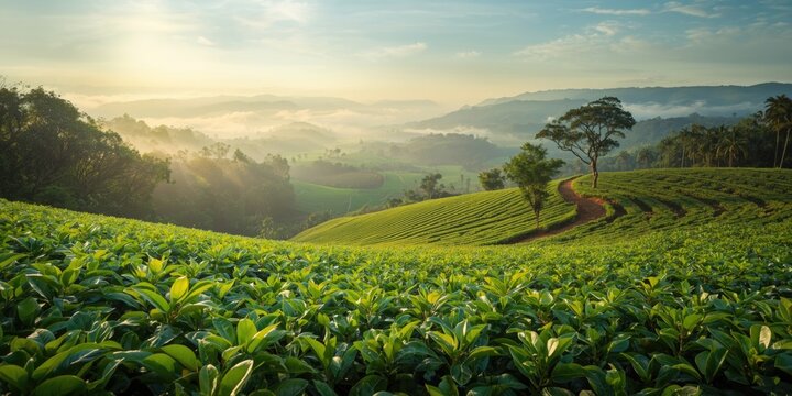 Picturesque coffee farm landscape with dense vegetation