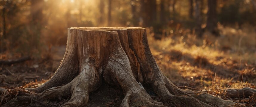 Sunlit old tree stump in natural woodland