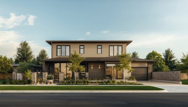 Modern residential design with cladding and landscaped greenery under clear sky for promotion