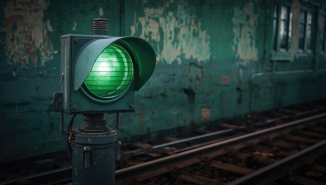 Old style green railroad signal glowing near train tracks with textured green painted wall showcasing transportation heritage
