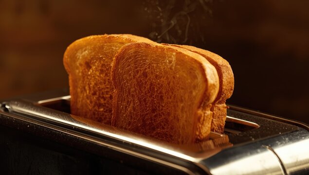 Warm toast slices bursting from a toaster with horizontal copy space for text
