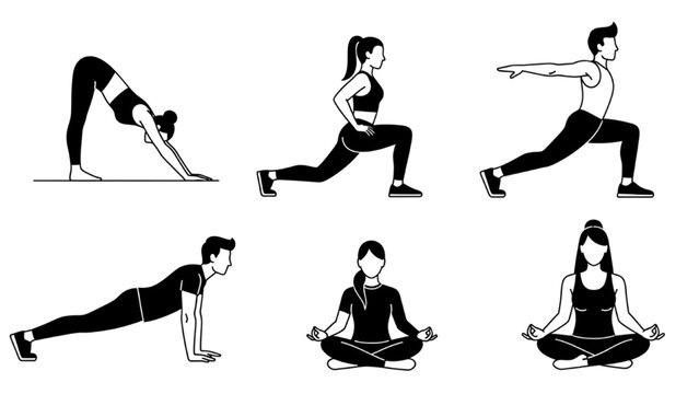 People doing various yoga poses in 2D AutoCAD Vector illustrations