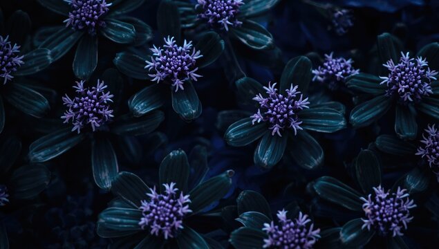 Intense close up of stonecrop flowers with healthy green leaves on a midnight blue background