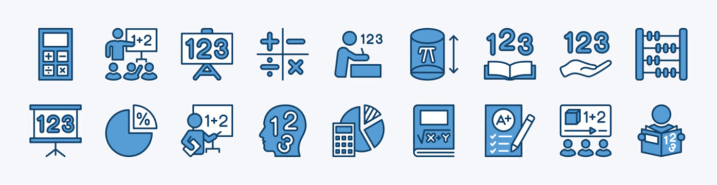 Set of mathematics icon. Contains calculating machine, math symbol, studying, accounting, school, lessons, learning, education, calculator, formula, geometry, book, grades. Vector illustration
