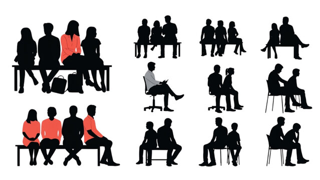 Various people sitting in office chairs and benches in a 2D AutoCAD Vector illustration