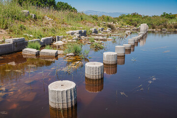 Naklejka premium Ancient stone columns and submerged architectural remnants in Miletus, Turkiye, surrounded by wetlands