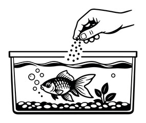 Naklejka premium Hand dropping food into a fish tank, providing nourishment for a single fish, illustrating pet care responsibility