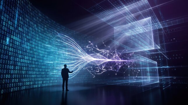 Businessman standing before digital data stream and abstract glowing code wall