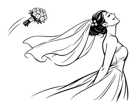 Bride tossing floral wedding bouquet with a joyful expression. Celebrating tradition and the start of a marriage
