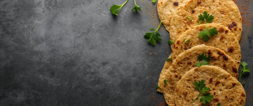 Overhead shot of Indian chapati tortillas garnished with fresh parsley on a dark gray surface with copy space