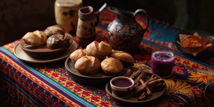 Vibrant tablecloth enhances traditional Ecuadorian Day of the Dead foods Guaguas de pan and colada morada