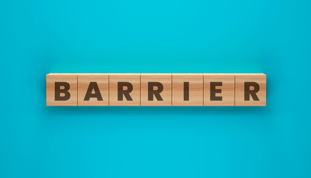 Wooden Blocks Spelling BARRIER: A row of wooden blocks with letters spelling out the word BARRIER is arranged on a bright blue background, symbolizing an obstacle or challenge.