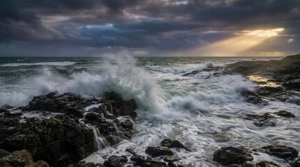 Fototapeta premium Crashing ocean waves strike against dark jagged rocks during a stormy sunset for nature banners.