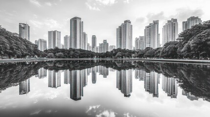 Fototapeta premium Reflective cityscape with serene water, tall buildings, and lush trees