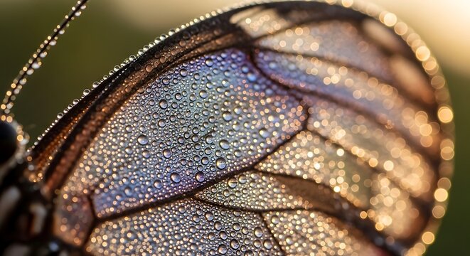 Extreme close up of a butterfly wing texture covered in tiny sparkling morning dew