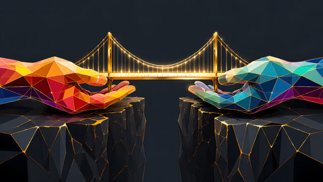 Geometric hands bridging human divides photo. Colorful low poly 3d hands holding golden suspension bridge over a dark cliff gap for unity, teamwork and connection concept.