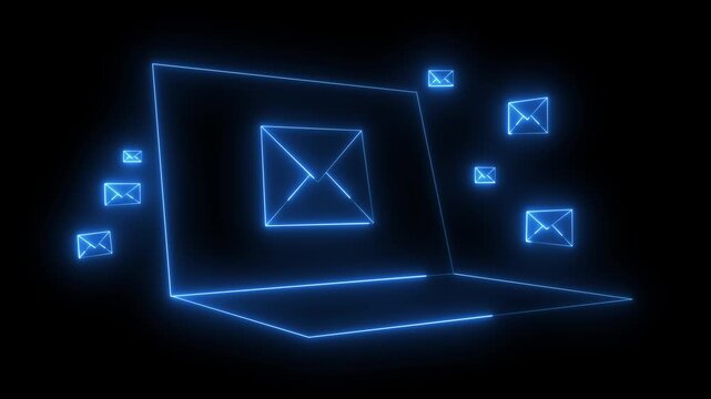 neon message icon animation with black background. Glowing email icon on a laptop screen. Message mail box.4k motion video animation.