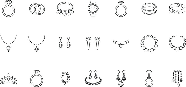 Luxury jewelry and accessories line art icons set featuring rings earrings necklaces watches bracelets and fashion ornaments.