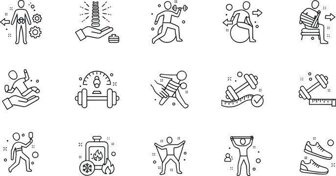Physical therapy rehabilitation and fitness training line art icons set featuring exercise recovery treatment and healthcare activity symbols.