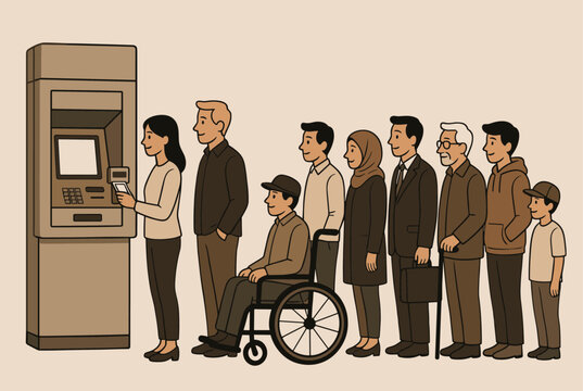 Diverse group of people from different backgrounds including a person in a wheelchair waiting in a long queue at a bank atm machine.