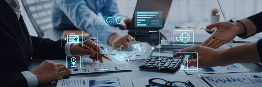 Business Meeting with Digital Technology and Data Visualization in Modern Workspace Focusing on Financial Growth, Collaboration, and Decision-Making Strategies Trope.
